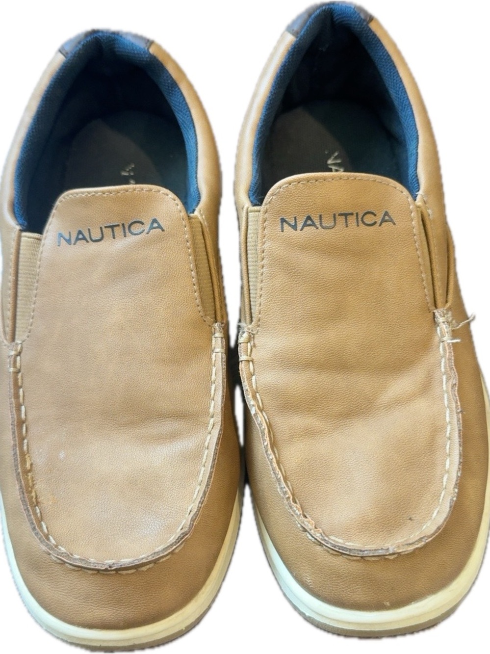 Boys Tan Slip-On Casual Loafers with Blue Lining sz 3